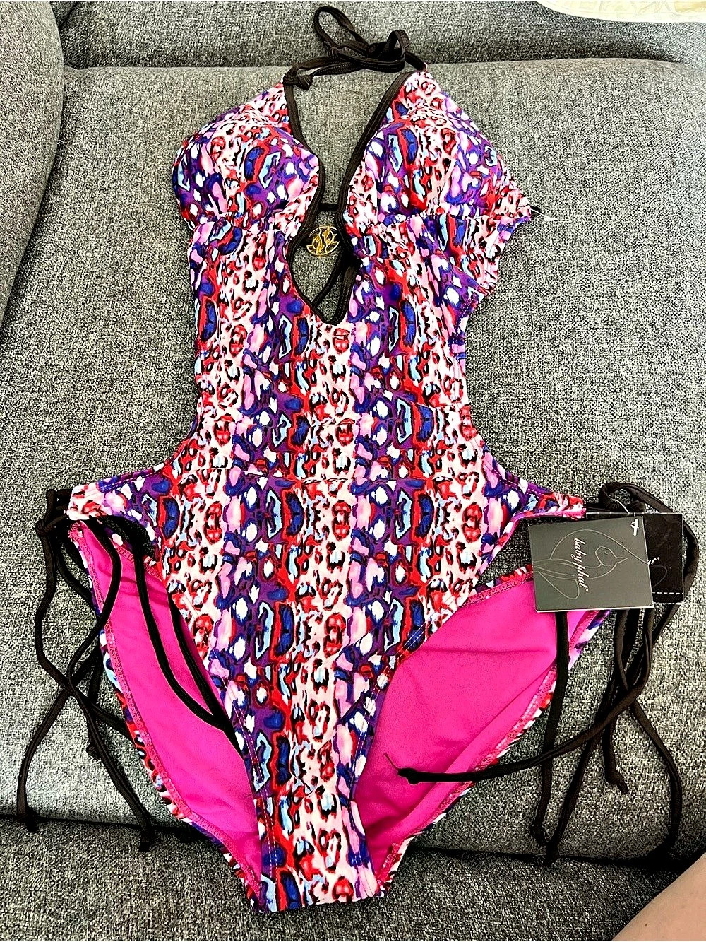 Baby Phat Animal Print One Piece Swimsuit Pink & Purple Large NWT